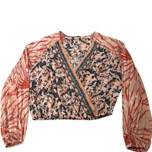 Free People Floral Wrap Blouse Mixed Print Cropped Boho Top XS Orange Bl. Dressy